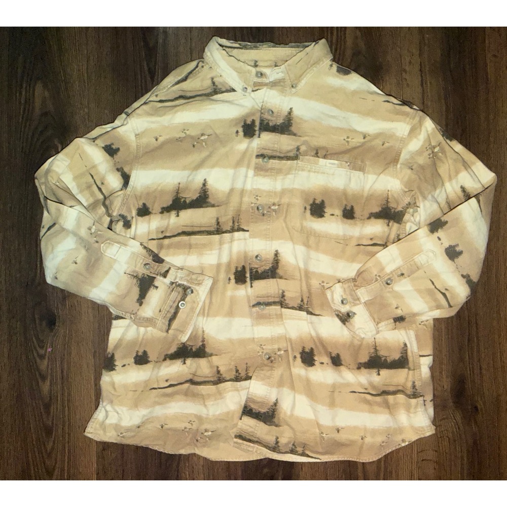 Woolrich Button Down Shirt Mens XL Tan Scenic Nature Landscape Print Cotton